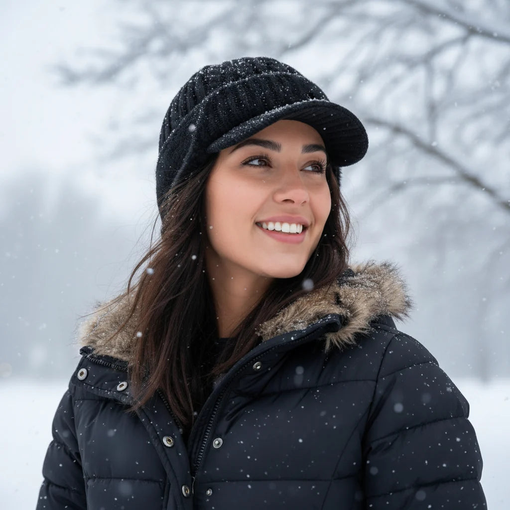 Vrouw in de sneeuw met zwarte wintermuts met klep