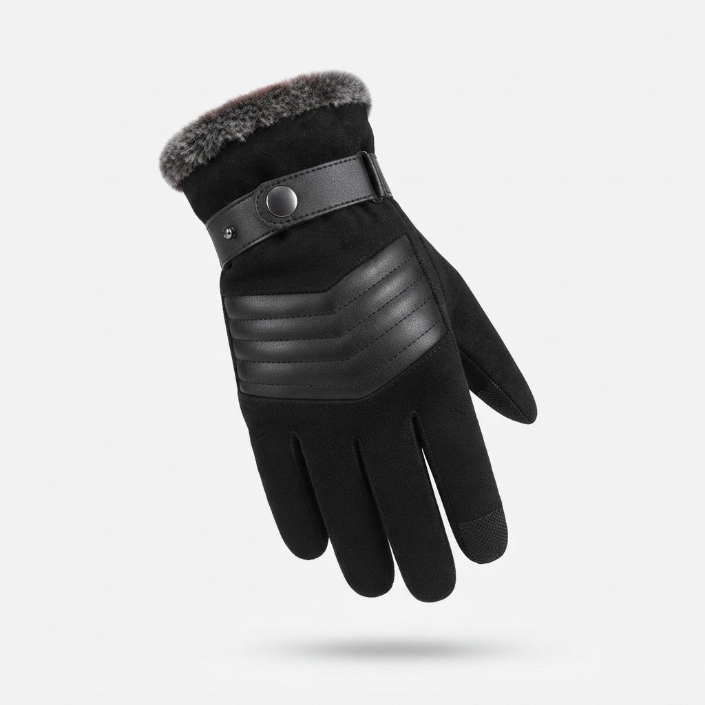 Handschoenen heren in zwart – gevoerde winterhandschoen met bontrand, drukknoopband en touchscreen vingertop