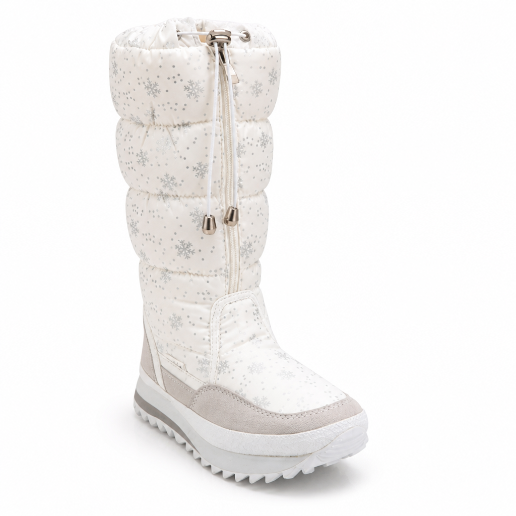 Snowboots dames in wit van voren – doorlopende rits, trekkoord met metalen stopper en profielzool