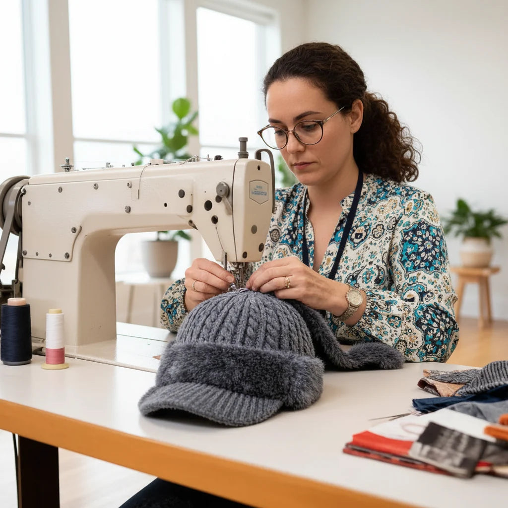 Grijze wintermuts met klep bij de naaimachine