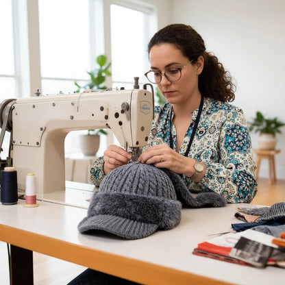 Grijze wintermuts met klep bij de naaimachine