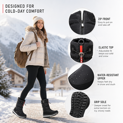 Snowboots dames gevoerd in zwart – details van rits, schachtrand en zool
