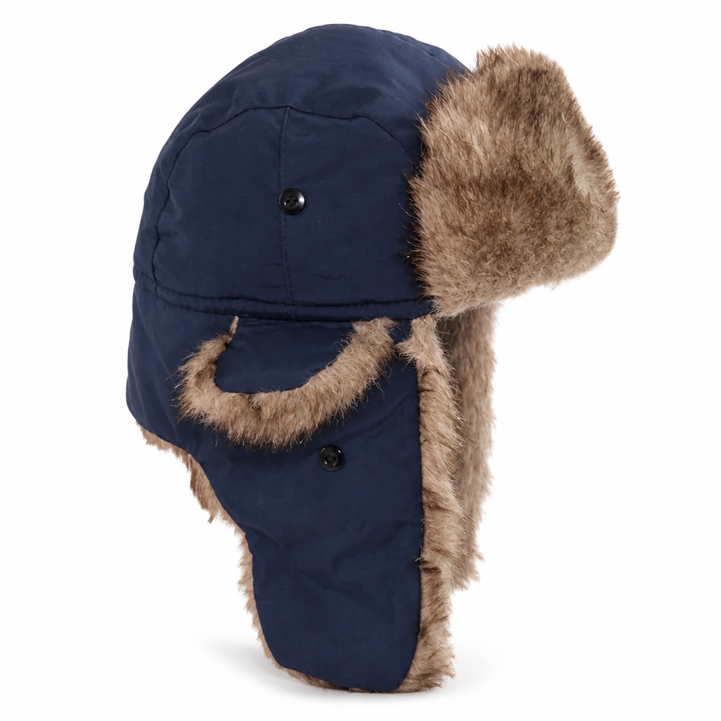 Bontmuts met oorflappen in marineblauw – trapper muts met imitatiebont en kinband, productfoto