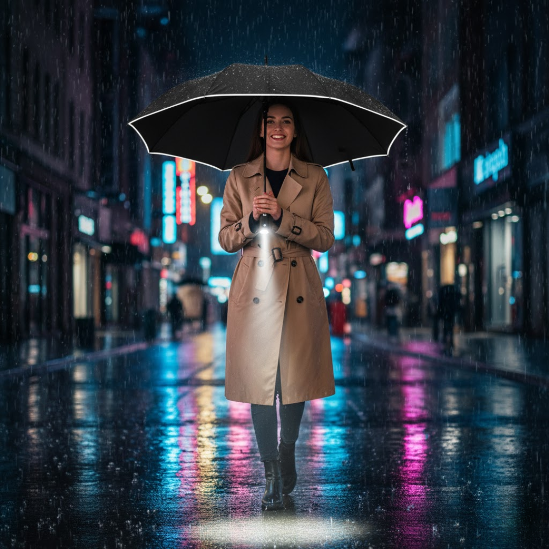 Vrouw in trenchcoat met zwarte automatische paraplu in de stad bij nacht