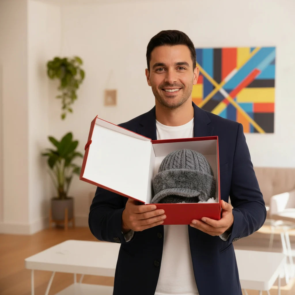 Man toont grijze muts met oorflappen in een cadeaudoos