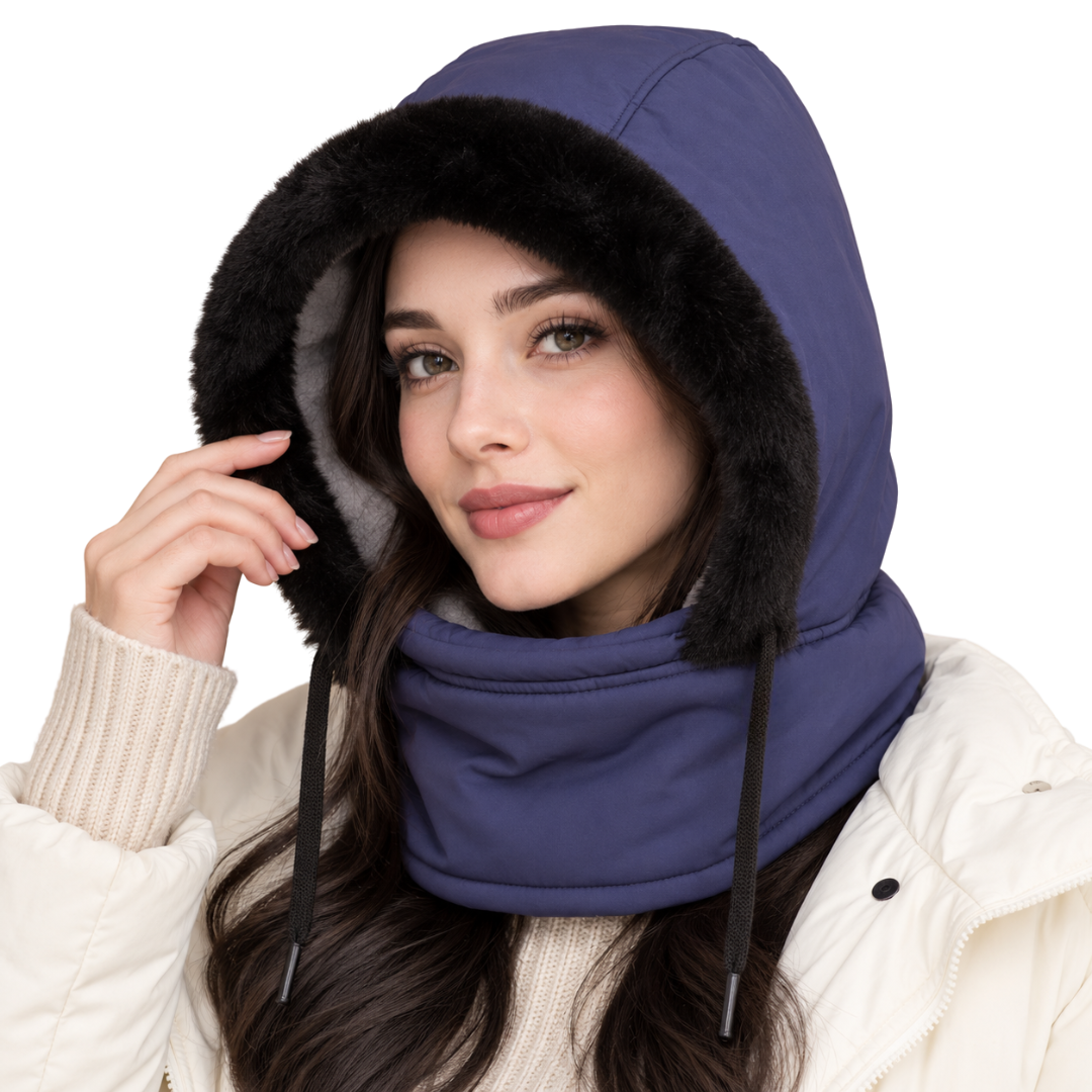 Balaclava winter in marineblauw met zwarte pluche rand, gezichtsbescherming onder de kin geschoven