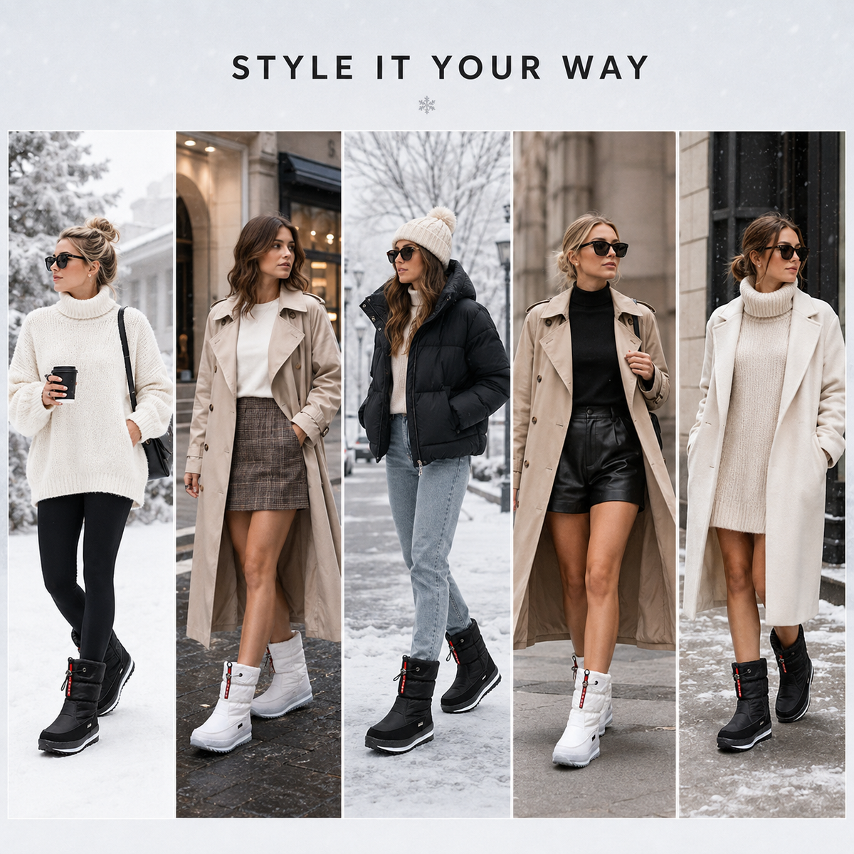 Snowboots dames gevoerd – vijf outfits met zwarte en witte laarzen