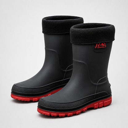 Gevoerde regenlaarzen heren in zwart-rood – productfoto