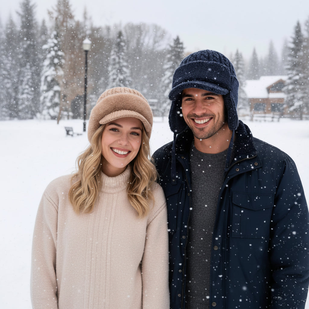 Stel in de sneeuw met mutsen met oorflappen in beige en donkerblauw