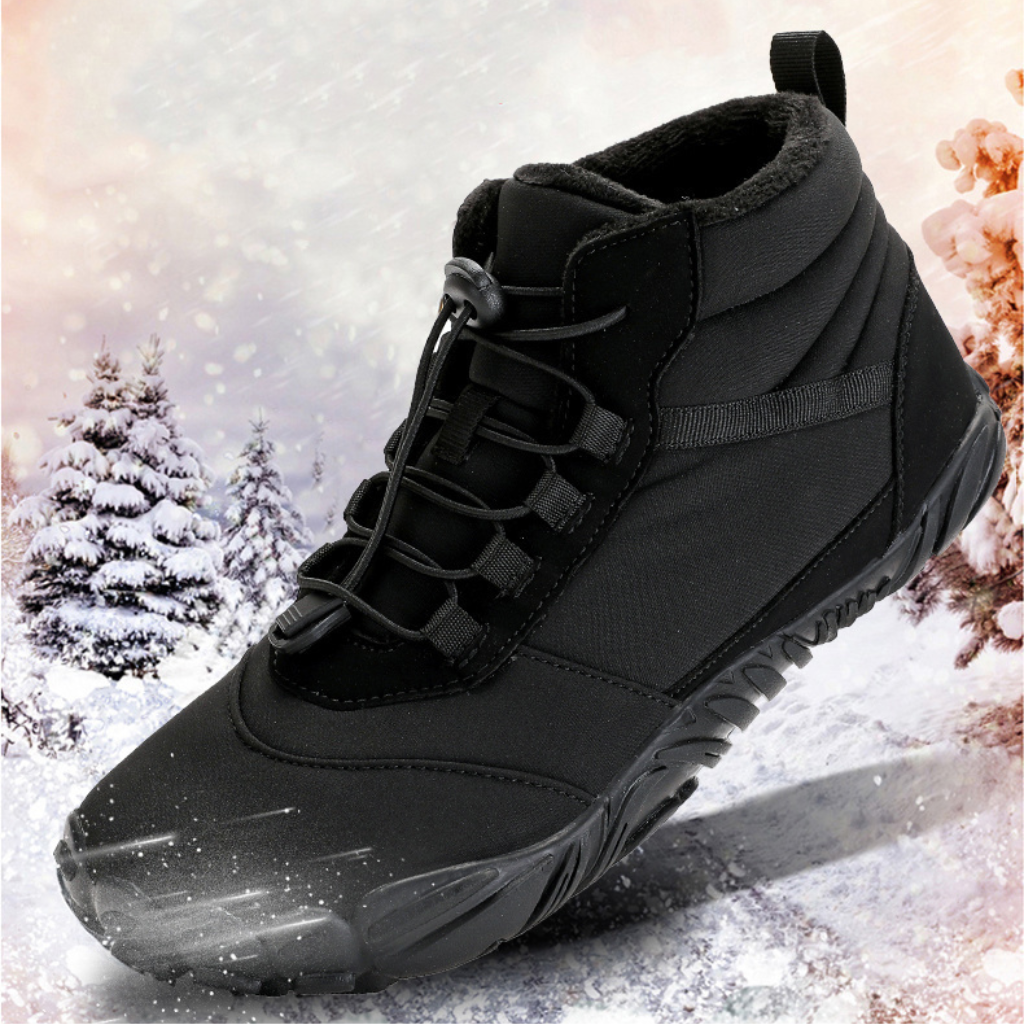 Barefoot schoenen zwart in een besneeuwd winterlandschap