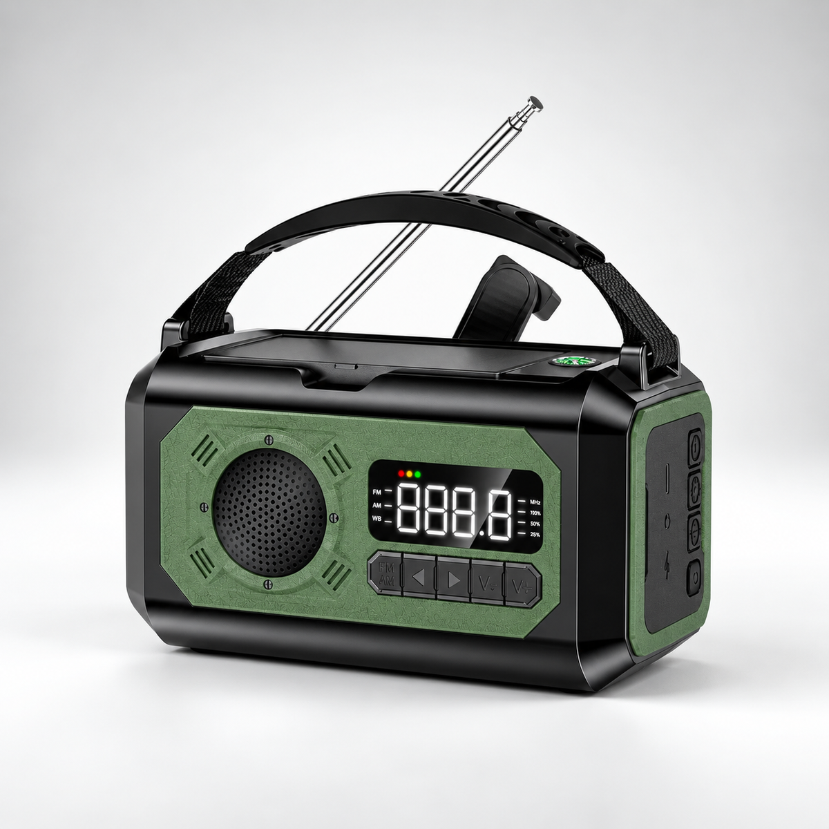 Noodradio in groen – productfoto op lichte achtergrond