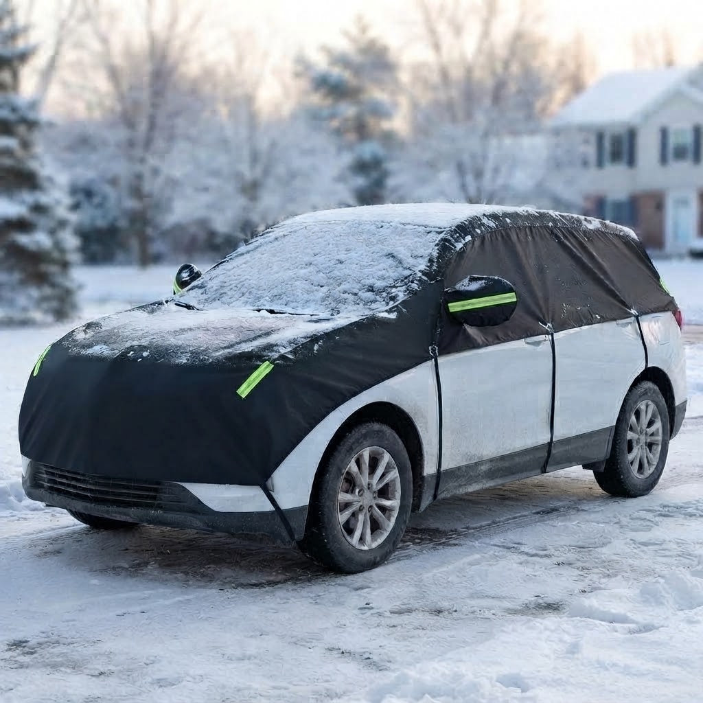 Autohoes SUV winter in zwart op witte SUV in de sneeuw