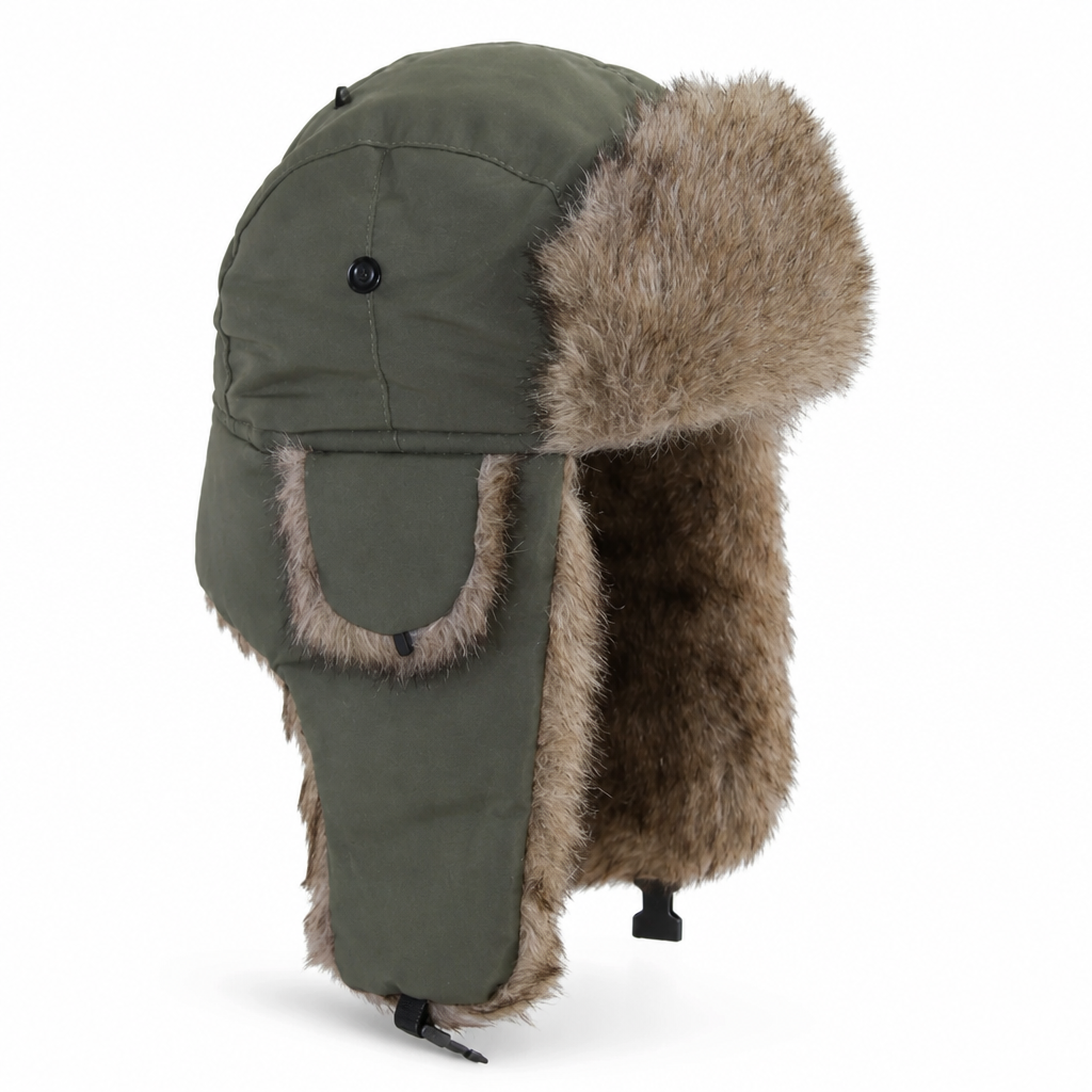 Bontmuts met oorflappen in olijfgroen – trapper muts met imitatiebont en kinband, productfoto