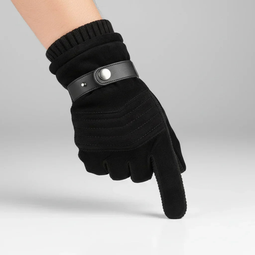 Handschoenen heren in zwart met gebreide boord – gedragen, handrug met drukknoopband