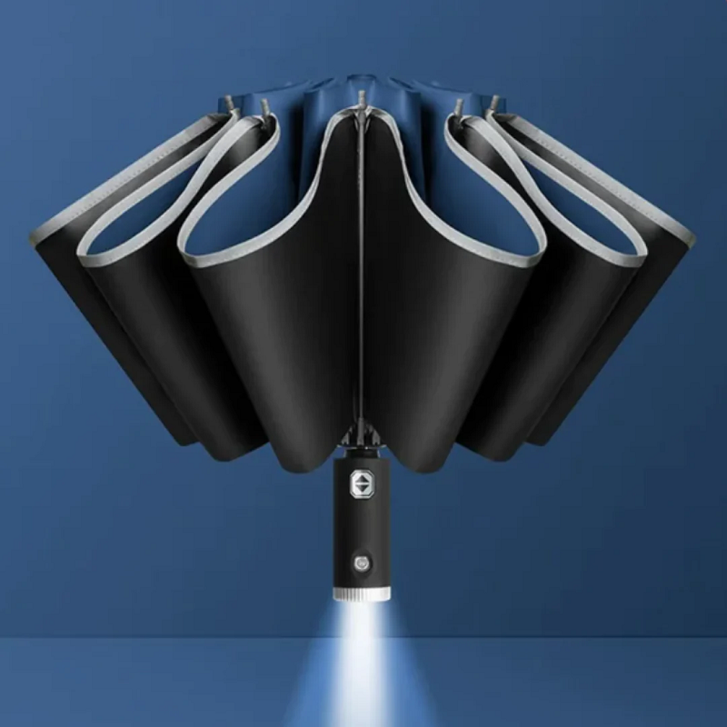 Stormparaplu zeeblauw, ingeklapt met LED-lampje