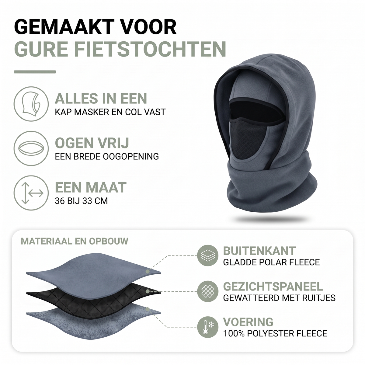 Grijze balaclava bivakmuts met capuchon en de fleece laagopbouw van buitenkant tot voering