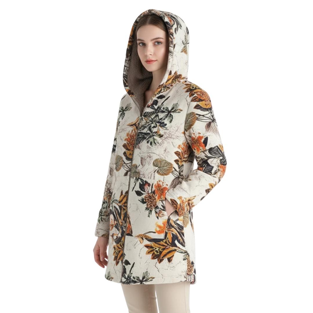 Lange winterjas dames met bloemenprint en capuchon