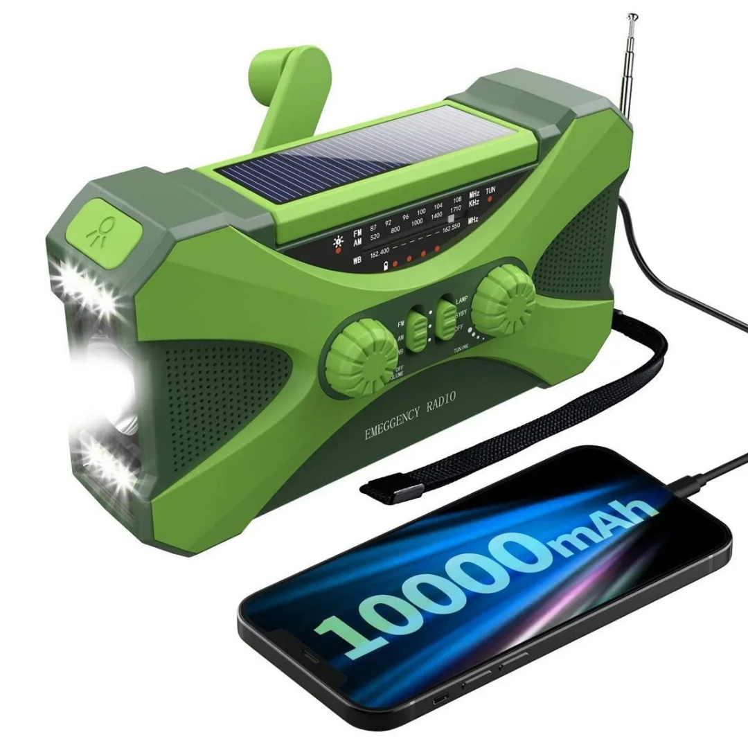 Multifunctionele Noodradio 10000mAh – Zonne-energie, Handcrank, LED & SOS Alarm
