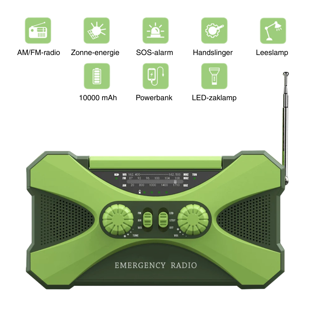 Multifunctionele Noodradio 10000mAh – Zonne-energie, Handcrank, LED & SOS Alarm