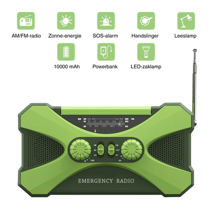 Multifunctionele Noodradio 10000mAh – Zonne-energie, Handcrank, LED & SOS Alarm