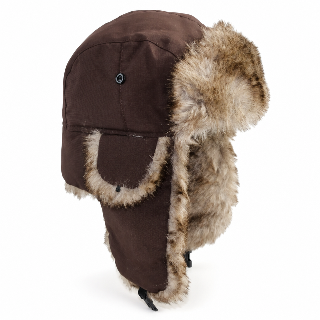 Bontmuts met oorflappen in donkerbruin – trapper muts met imitatiebont en kinband, productfoto