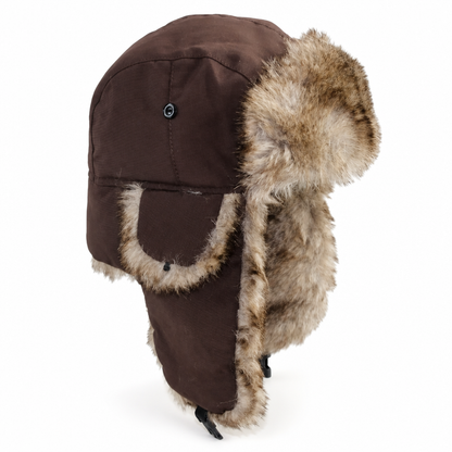 Bontmuts met oorflappen in donkerbruin – trapper muts met imitatiebont en kinband, productfoto