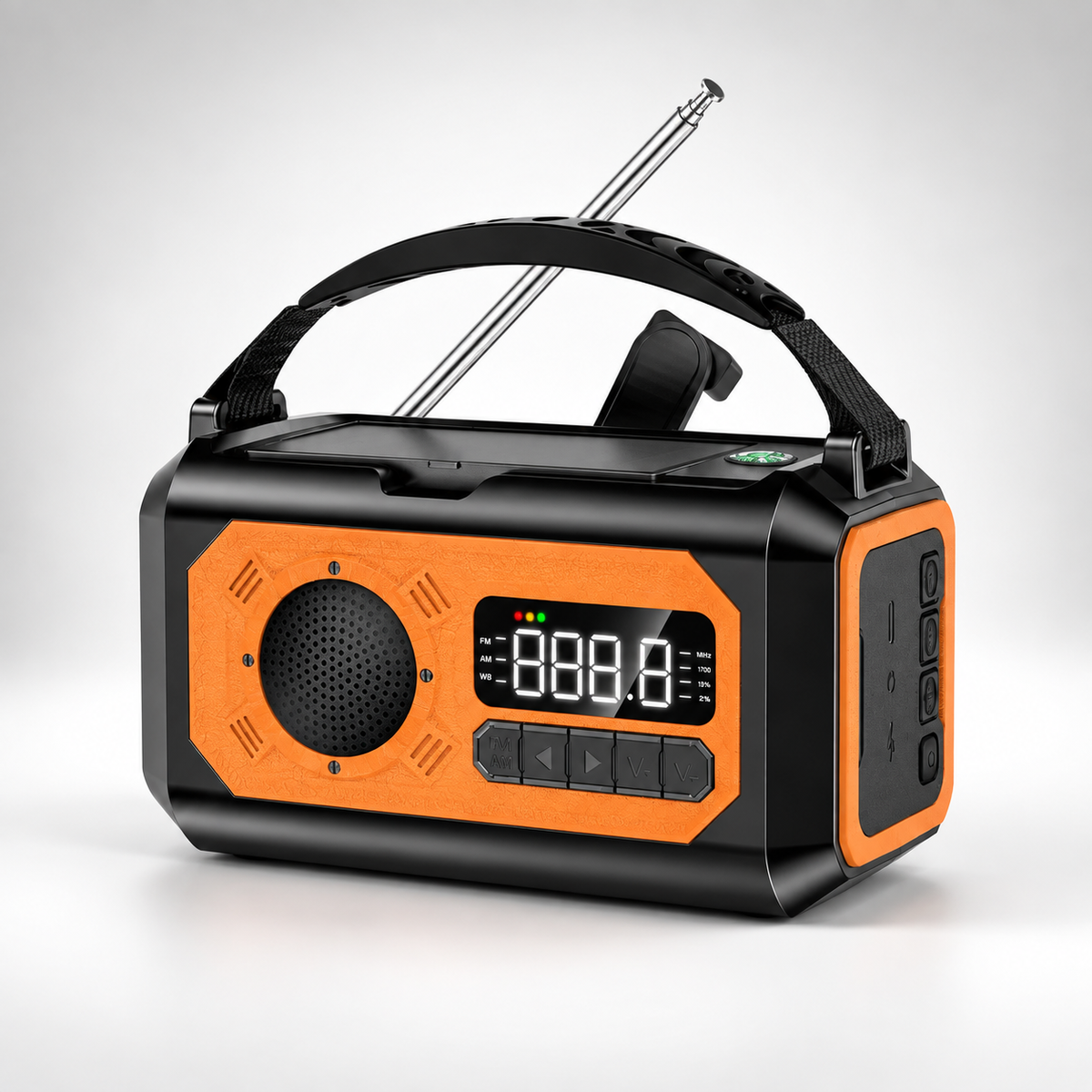 Noodradio in oranje – productfoto op lichte achtergrond