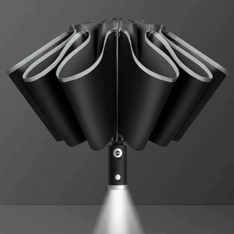 Stormparaplu zwart, ingeklapt met LED-lampje