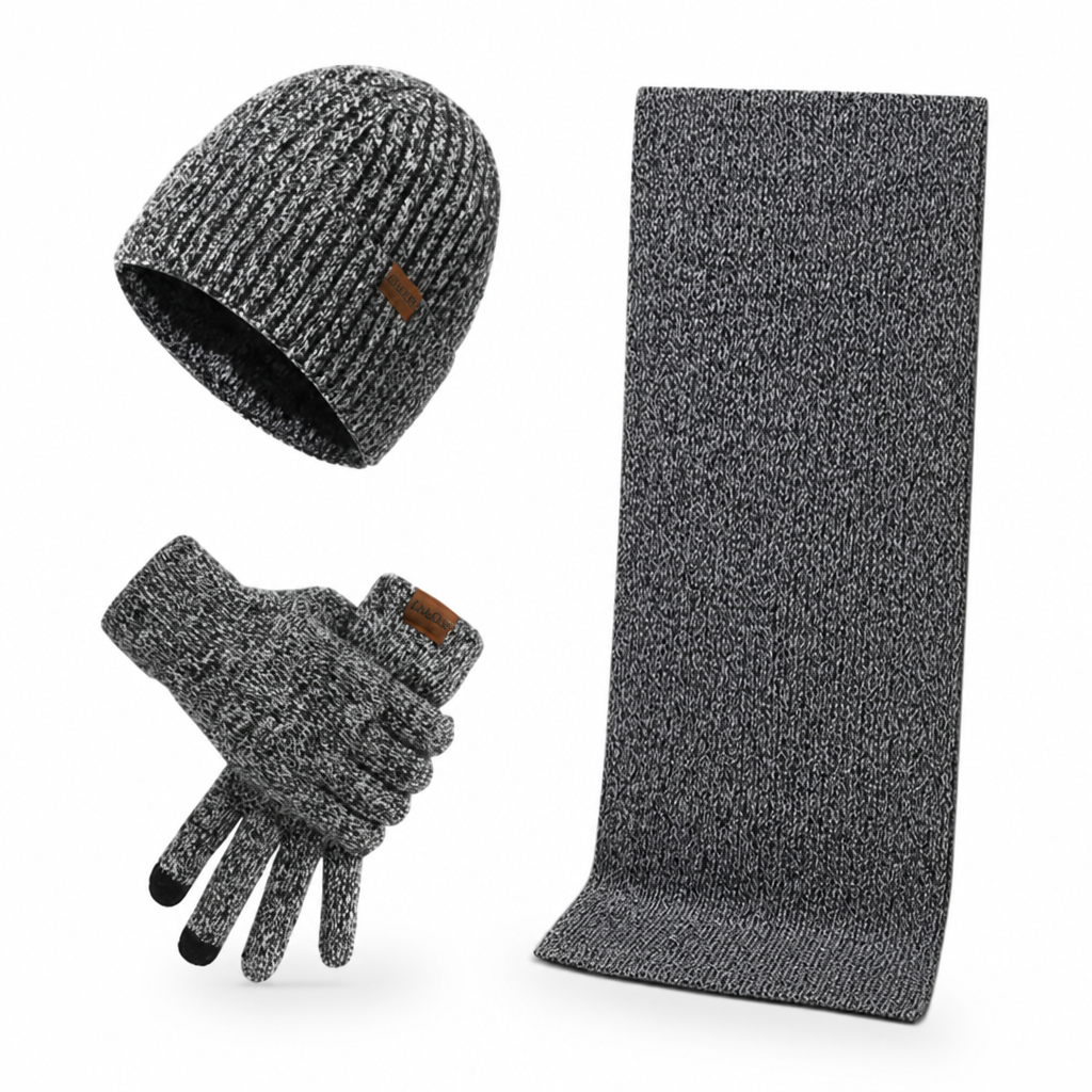 Muts heren set in Grijs met sjaal en handschoenen – op witte achtergrond