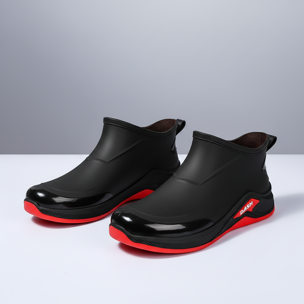 Korte regenlaarzen heren in zwart-rood – productfoto