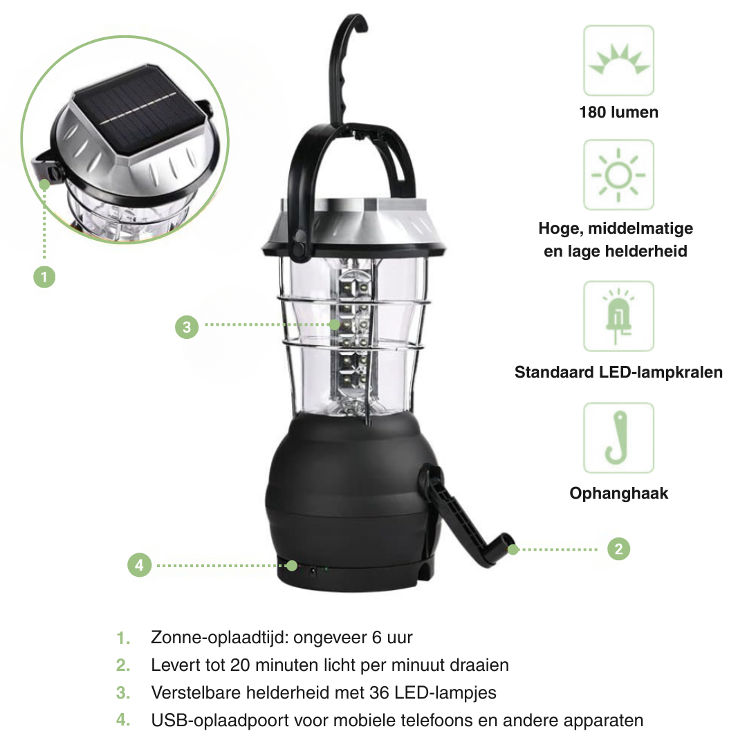 Draagbare Campinglamp – LED - Zonne-energie & Handslinger