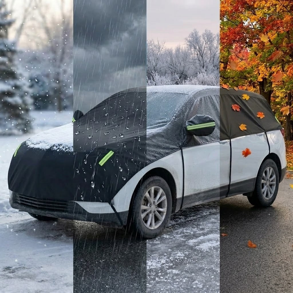 Autohoes SUV zwart bij regen, vorst en herfstbladeren