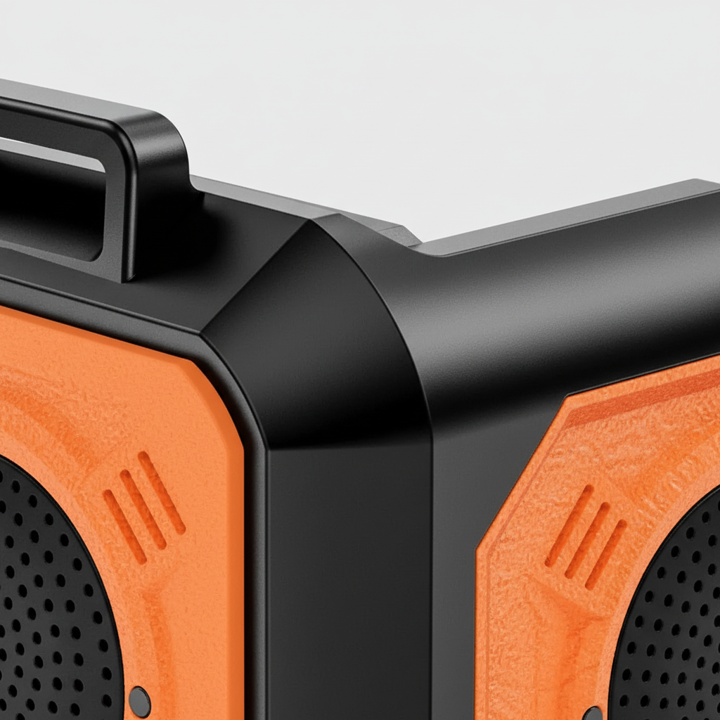 Noodradio close-up van behuizing en luidspreker in oranje
