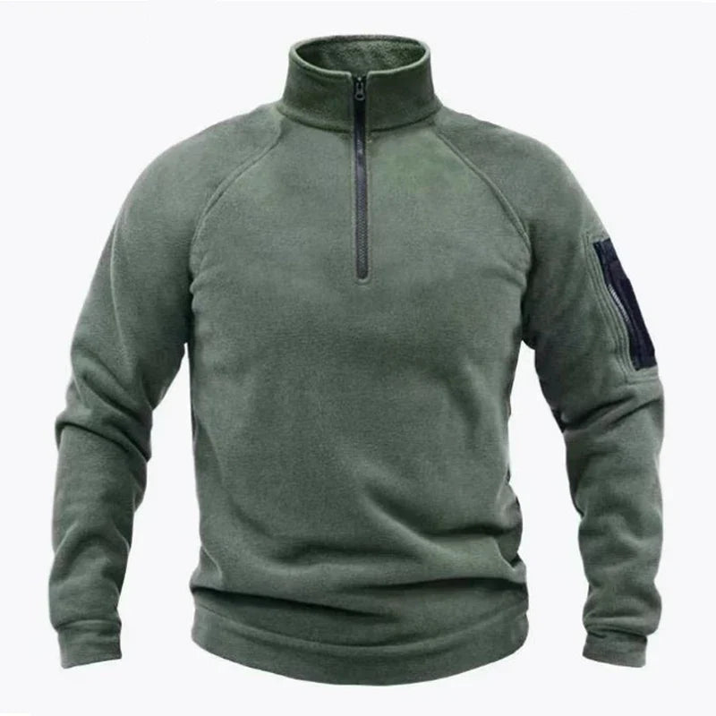 Fleece trui heren in mosgroen – opstaande kraag en halve rits