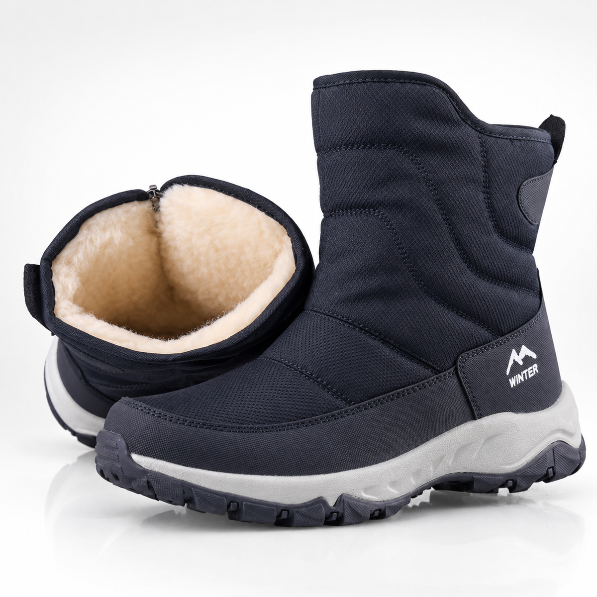 Winterlaarzen heren in donkerblauw, open met pluche voering