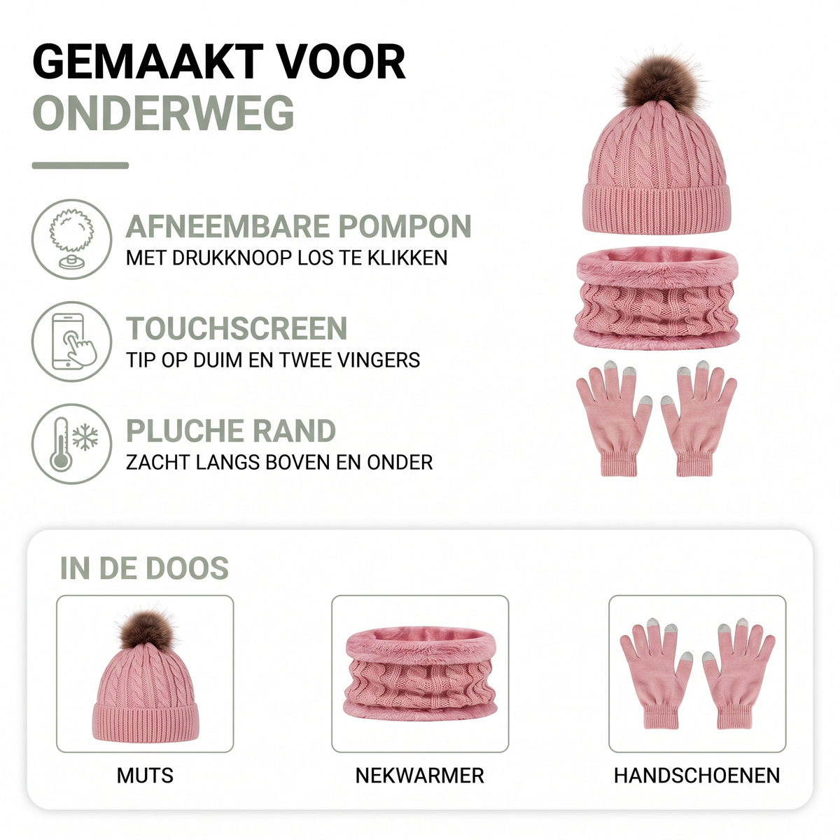 Wintermuts dames met afneembare pompon in een 3-delige set met nekwarmer en touchscreen-handschoenen