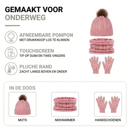 Wintermuts dames met afneembare pompon in een 3-delige set met nekwarmer en touchscreen-handschoenen