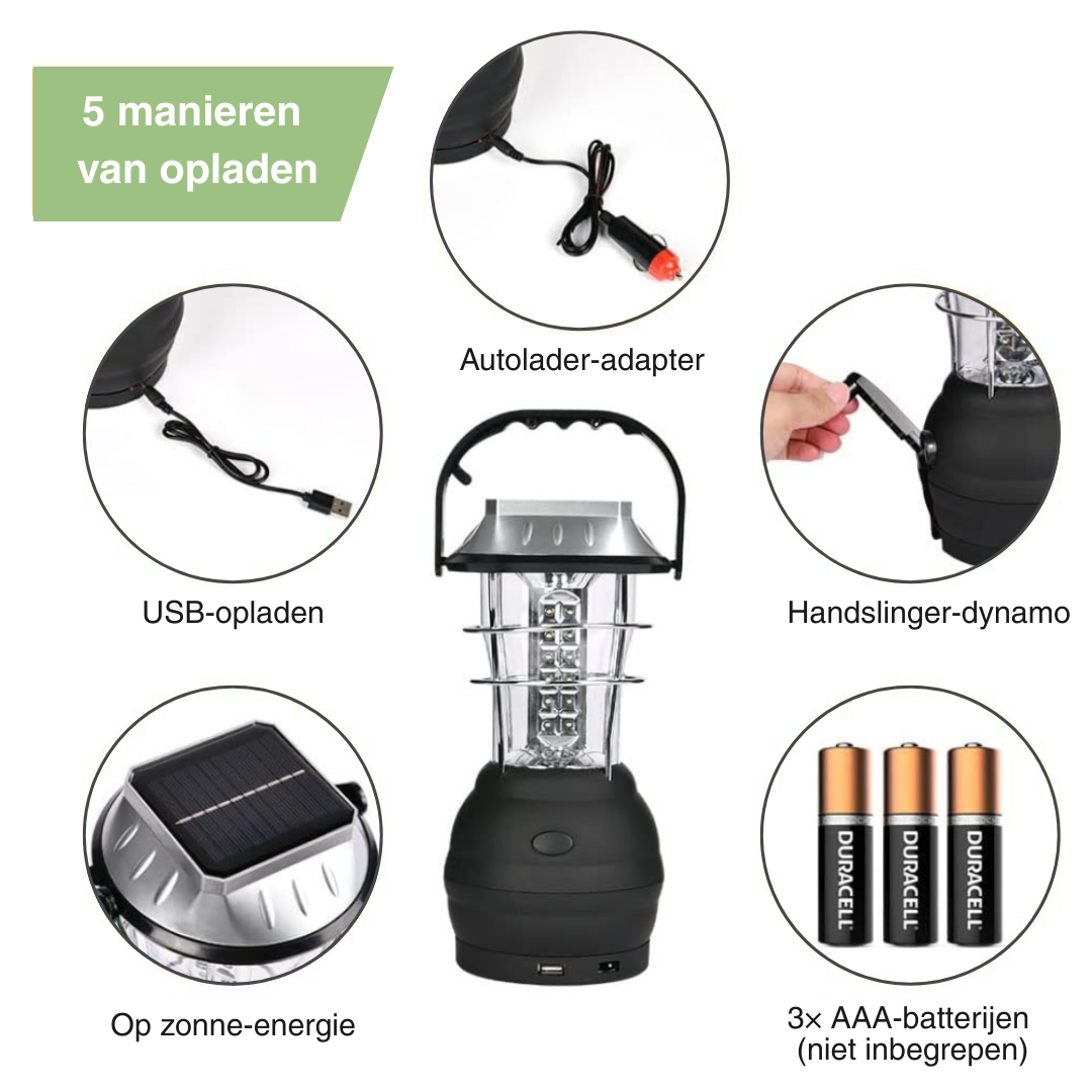 Draagbare Campinglamp – LED - Zonne-energie & Handslinger
