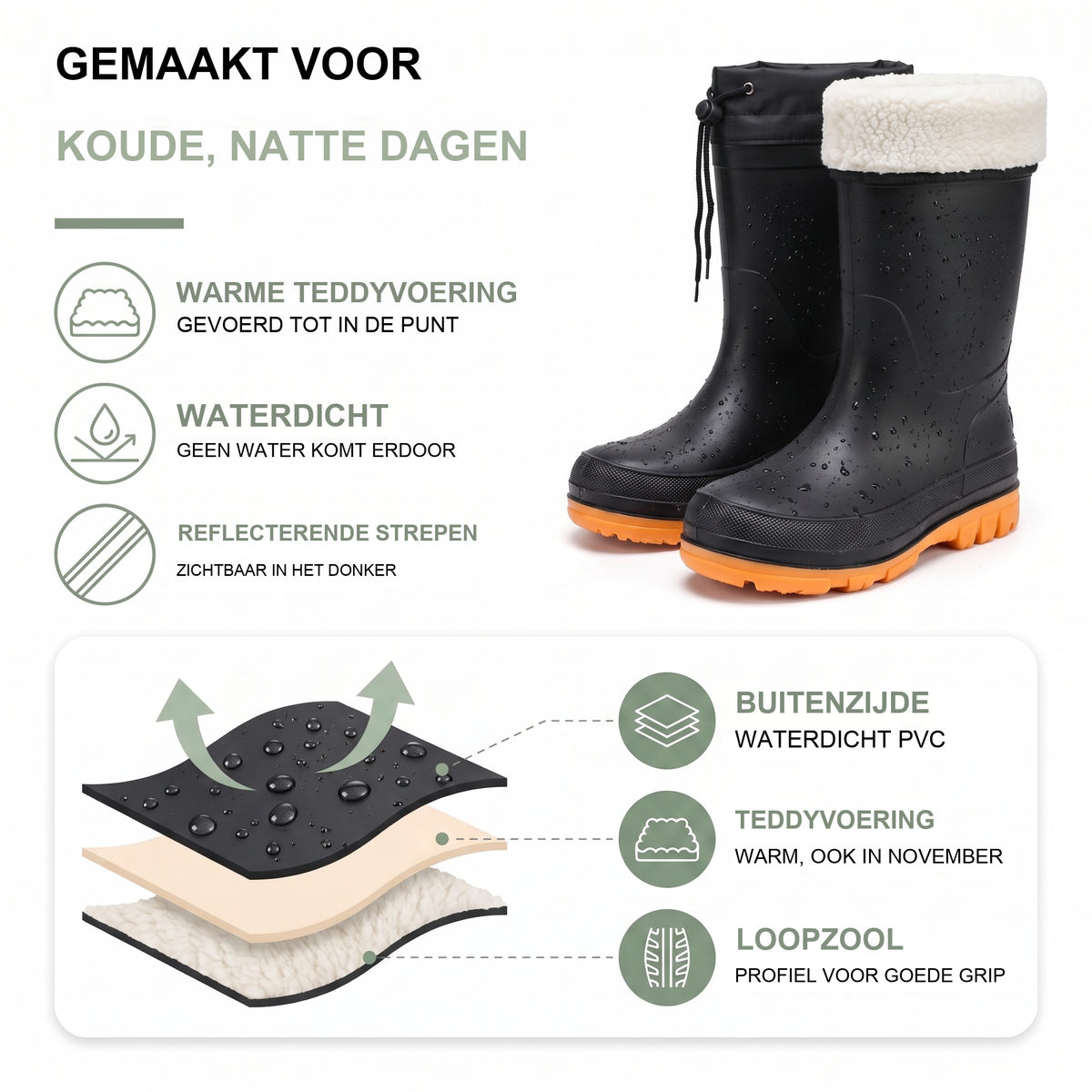 Gevoerde regenlaarzen met warme teddyvoering, dames en heren