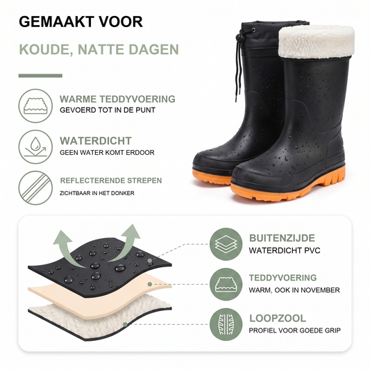 Gevoerde regenlaarzen met warme teddyvoering, dames en heren