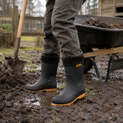 Gevoerde regenlaarzen heren bij tuinwerk in de modder