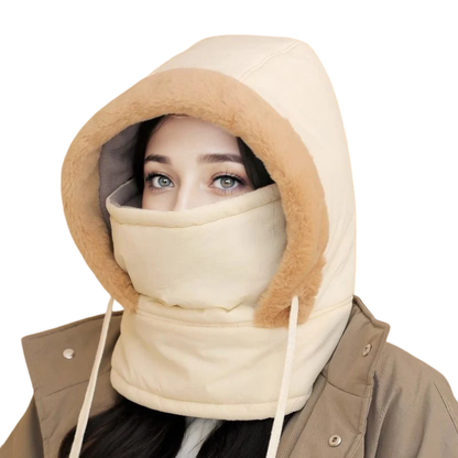 Balaclava winter in beige-camel met camelkleurige pluche rand en gezichtsbescherming