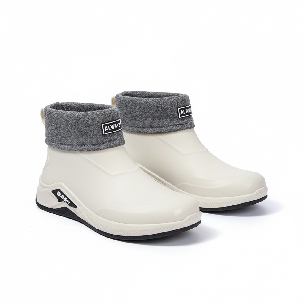 Korte regenlaarzen heren in beige gevoerd met gebreide boord – productfoto