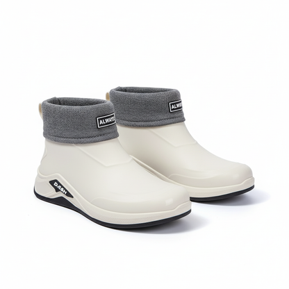 Korte regenlaarzen heren in beige gevoerd met gebreide boord – productfoto