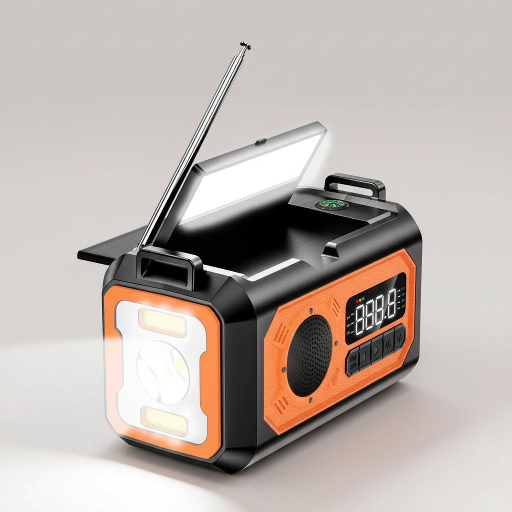 Noodradio in oranje met leeslamp en zaklamp aan