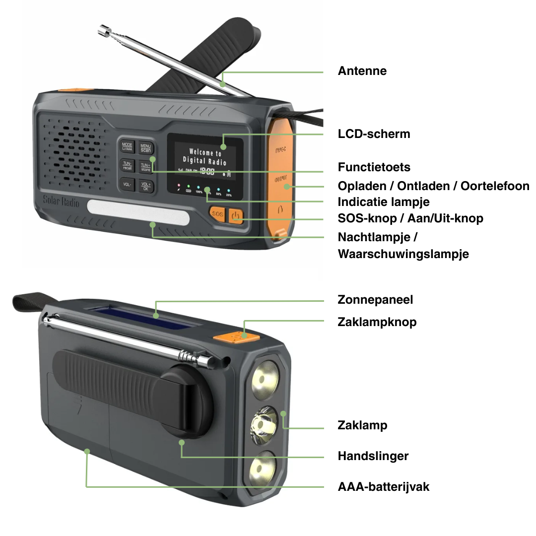 DAB/FM Noodradio 4500mAh – Zonne-energie - Handslinger