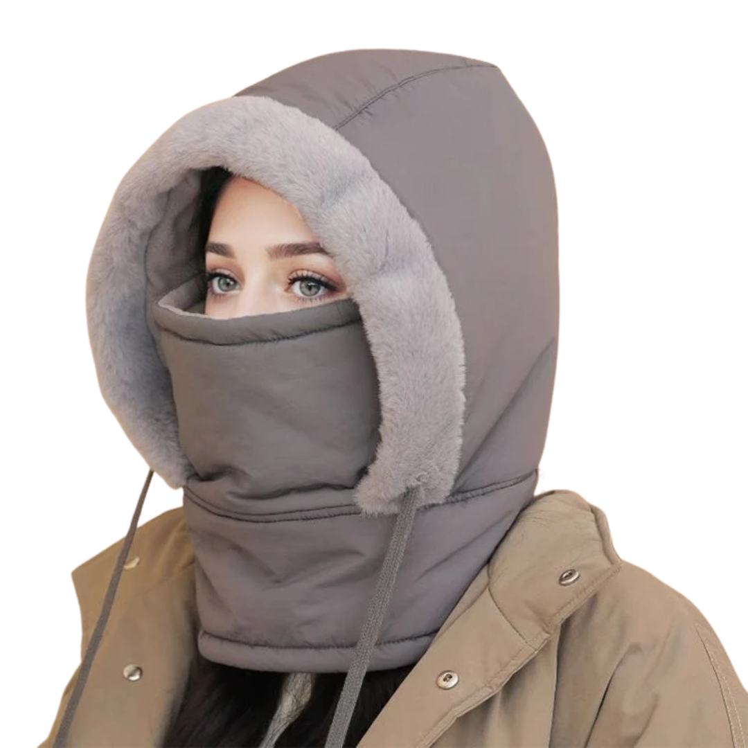 Balaclava winter in donkergrijs met lichtgrijze pluche rand en gezichtsbescherming