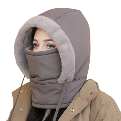 Balaclava winter in donkergrijs met lichtgrijze pluche rand en gezichtsbescherming