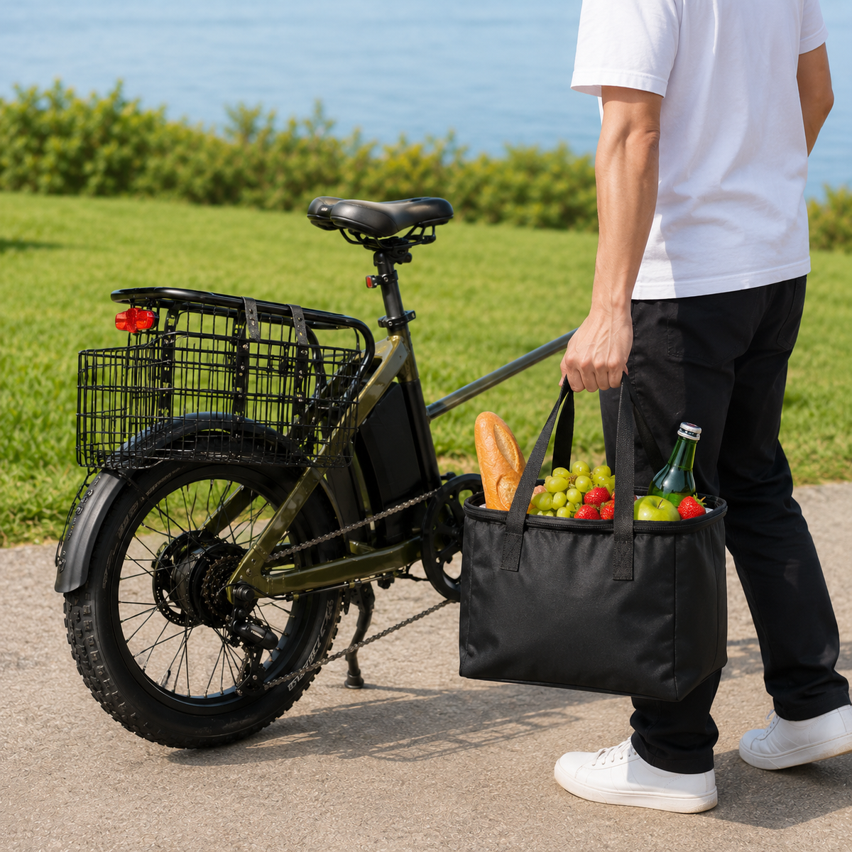 Fietsmand met afneembare tas gedragen als boodschappentas naast de fiets