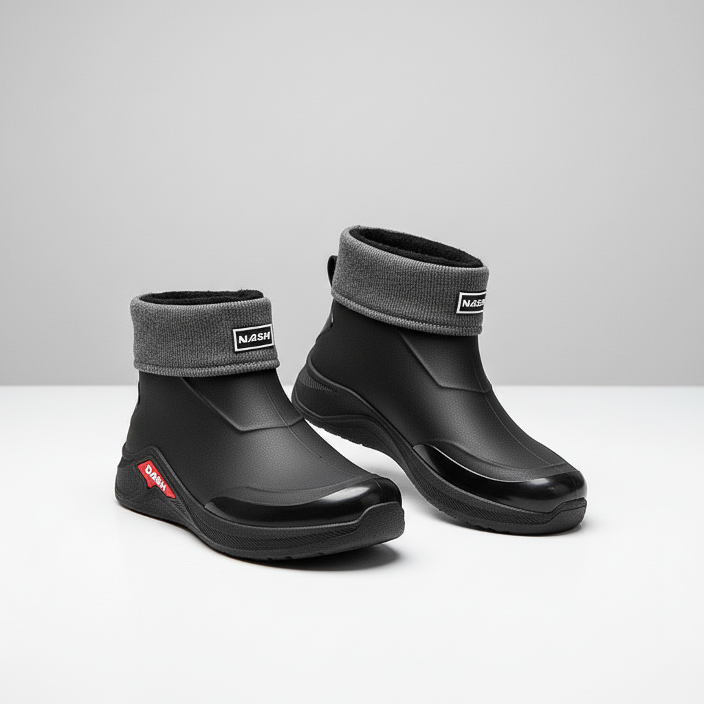 Korte regenlaarzen heren in zwart gevoerd met gebreide boord – productfoto
